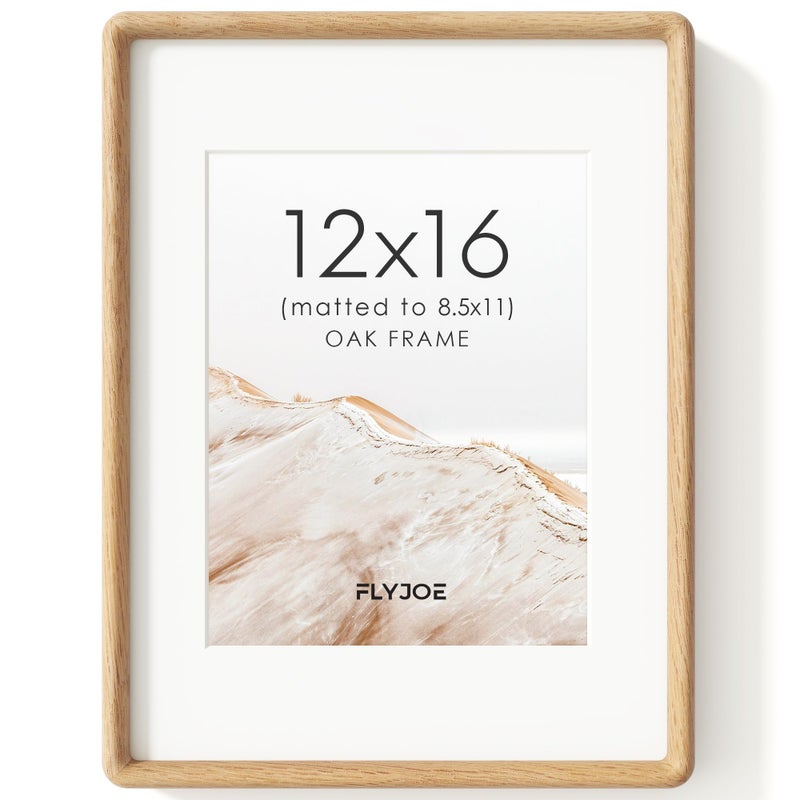 FLYJOE 12x16 Picture Frame, Natural Solid OAK Wood Photo Frame with HD Tempered Glass, Rounded Corner Frame 12 x 16 Matted to 8.5x11, Gallery Wall Frames for Art, Horizontal or Vertical Wall Mounting - Image 1