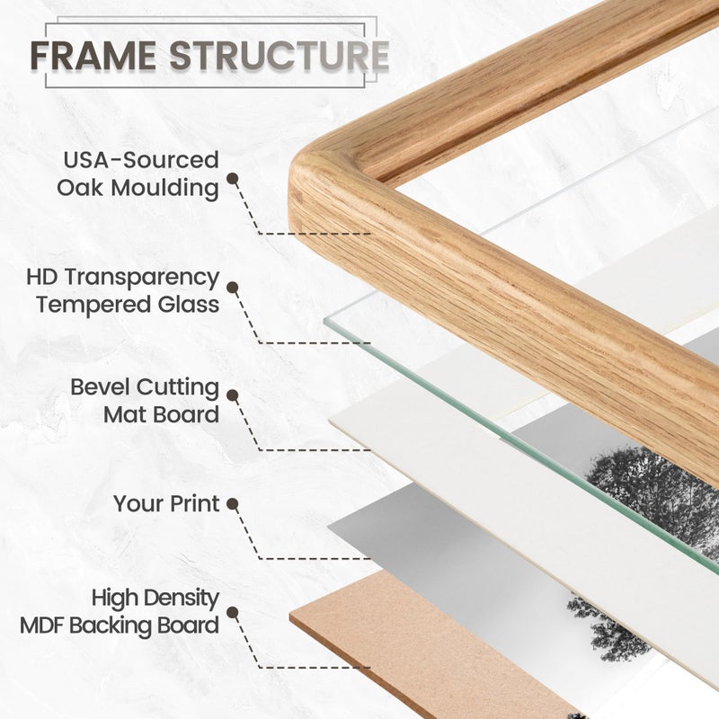 FLYJOE 12x16 Picture Frame, Natural Solid OAK Wood Photo Frame with HD Tempered Glass, Rounded Corner Frame 12 x 16 Matted to 8.5x11, Gallery Wall Frames for Art, Horizontal or Vertical Wall Mounting - Image 4