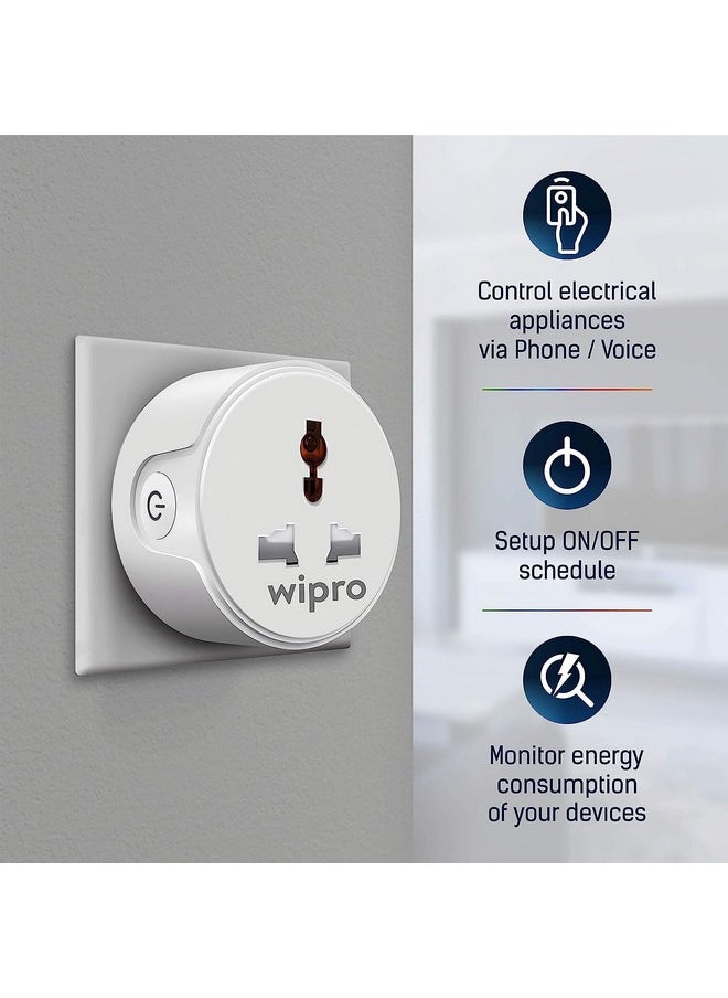 مقبس Wipro 10A Wi-Fi الذكي بمقبس عالمي | مراقبة الطاقة | مناسب للأجهزة الصغيرة مثل أجهزة التلفزيون وأجهزة تنقية الهواء والغلايات والهواتف المحمولة وأجهزة الكمبيوتر المحمولة | الجدولة | التحكم الصوتي | عبوة من 4 قطع