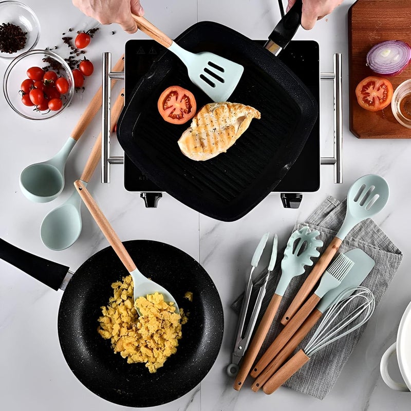 Thermal Silicone Kitchen Utensils Set 12 Pieces - Food Dispensing and Serving Set with Stand to Prevent Mess - Ergonomic Wooden Handles - Image 4