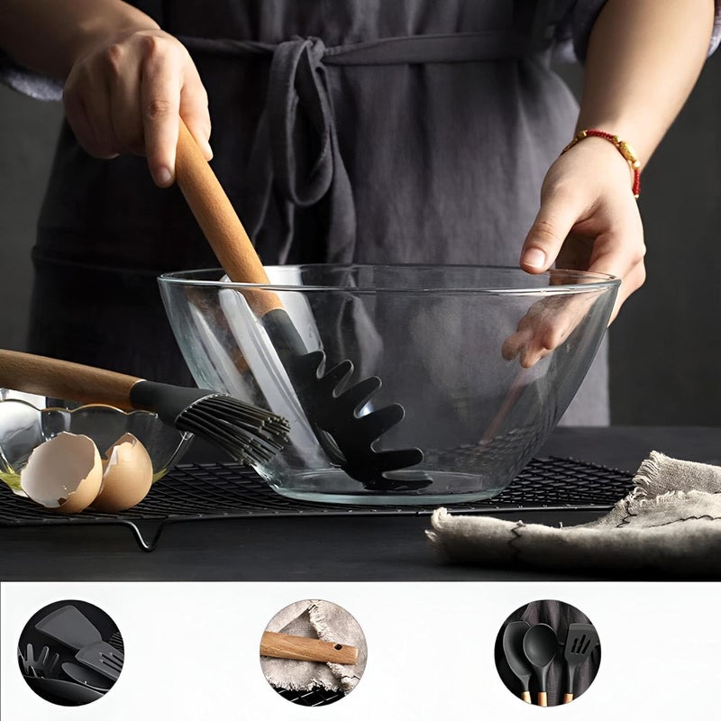 Thermal Silicone Kitchen Utensils Set 12 Pieces - Food Dispensing and Serving Set with Stand to Prevent Mess - Ergonomic Wooden Handles - Image 5