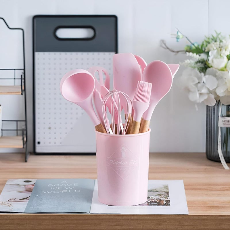 Thermal Silicone Kitchen Utensils Set 12 Pieces - Food Dispensing and Serving Set with Stand to Prevent Mess - Ergonomic Wooden Handles - Image 1