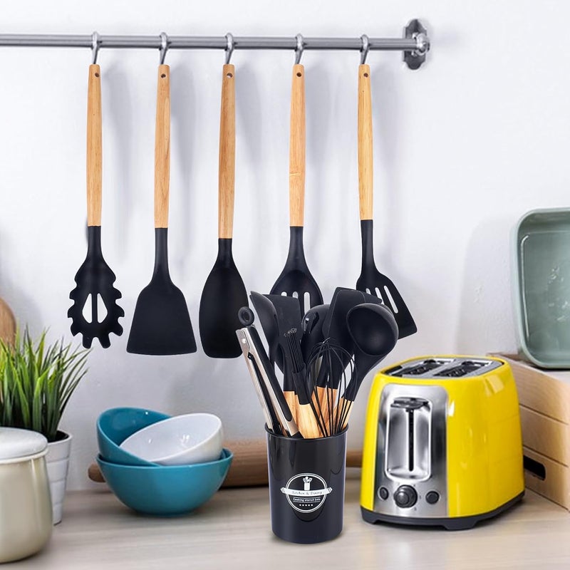 Thermal Silicone Kitchen Utensils Set 12 Pieces - Food Dispensing and Serving Set with Stand to Prevent Mess - Ergonomic Wooden Handles - Image 2