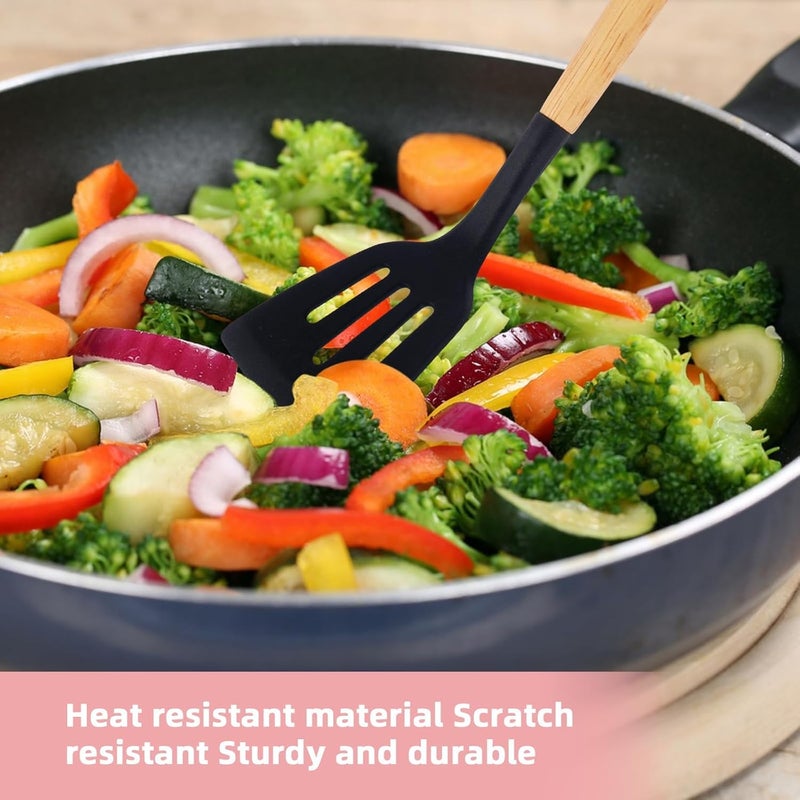 Thermal Silicone Kitchen Utensils Set 12 Pieces - Food Dispensing and Serving Set with Stand to Prevent Mess - Ergonomic Wooden Handles - Image 3