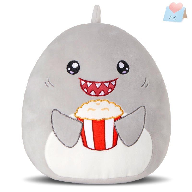 Glow Guards 12'' Shark Plush Pillow Cute Shark Stuffed Animal Soft Shark Plush Toy Stuffed Animals Shark Birthday Gift for Boys Girls Kids Grey Shark Holding Popcorn - Image 1