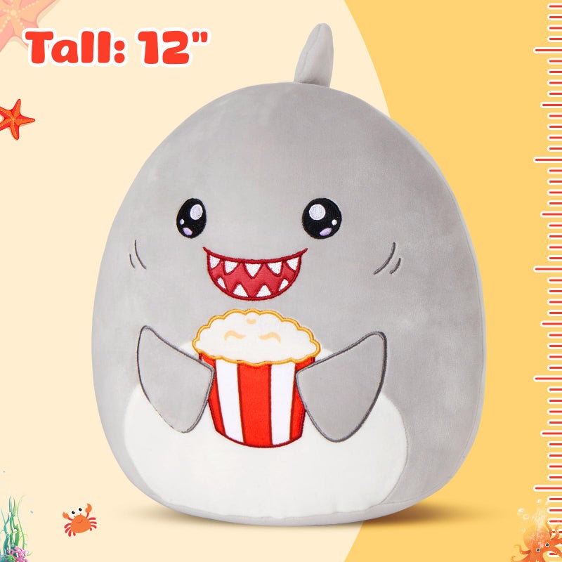 Glow Guards 12'' Shark Plush Pillow Cute Shark Stuffed Animal Soft Shark Plush Toy Stuffed Animals Shark Birthday Gift for Boys Girls Kids Grey Shark Holding Popcorn - Image 2