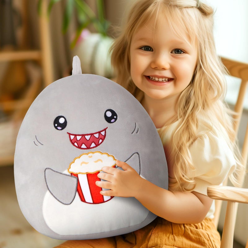 Glow Guards 12'' Shark Plush Pillow Cute Shark Stuffed Animal Soft Shark Plush Toy Stuffed Animals Shark Birthday Gift for Boys Girls Kids Grey Shark Holding Popcorn - Image 5