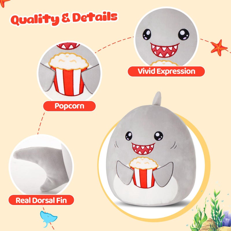 Glow Guards 12'' Shark Plush Pillow Cute Shark Stuffed Animal Soft Shark Plush Toy Stuffed Animals Shark Birthday Gift for Boys Girls Kids Grey Shark Holding Popcorn - Image 3