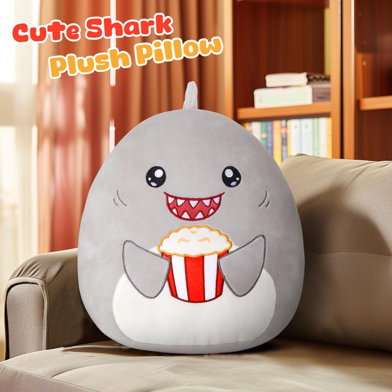 Glow Guards 12'' Shark Plush Pillow Cute Shark Stuffed Animal Soft Shark Plush Toy Stuffed Animals Shark Birthday Gift for Boys Girls Kids Grey Shark Holding Popcorn - Image 4