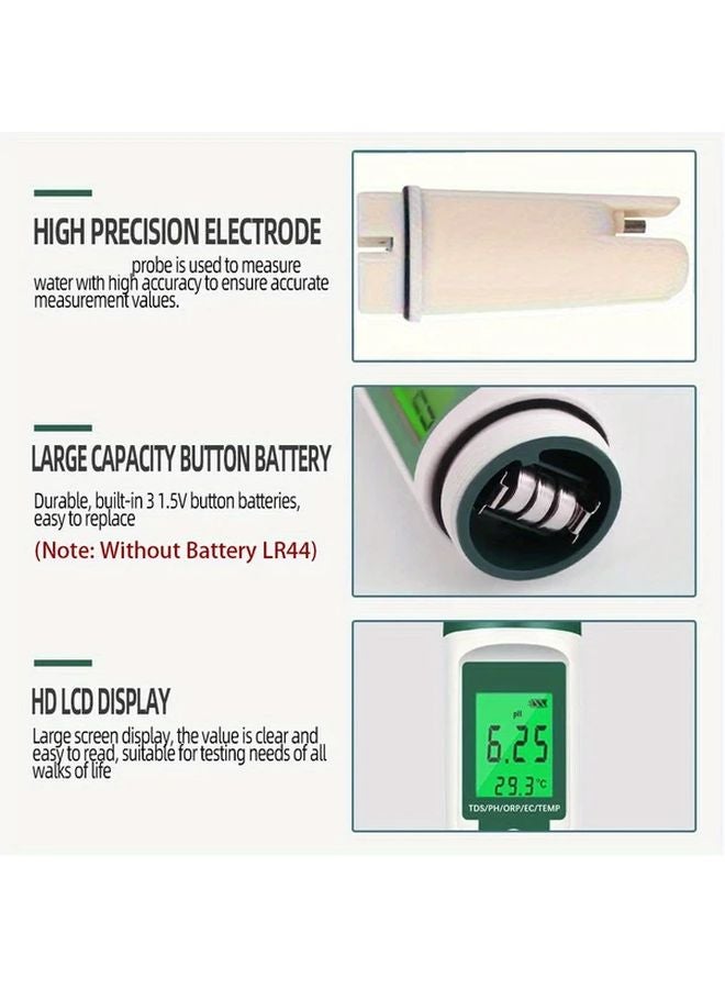 قلم اختبار جودة المياه الأخضر 9 في 1 بشاشة LCD مضاءة لقياس الأس الهيدروجيني وأكسدة الاختزال والموصلية الكهربائية والمواد الصلبة الذائبة ودرجة الحرارة - Image 4