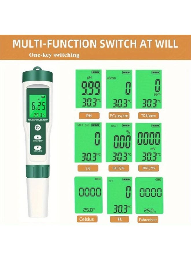 قلم اختبار جودة المياه الأخضر 9 في 1 بشاشة LCD مضاءة لقياس الأس الهيدروجيني وأكسدة الاختزال والموصلية الكهربائية والمواد الصلبة الذائبة ودرجة الحرارة - Image 2