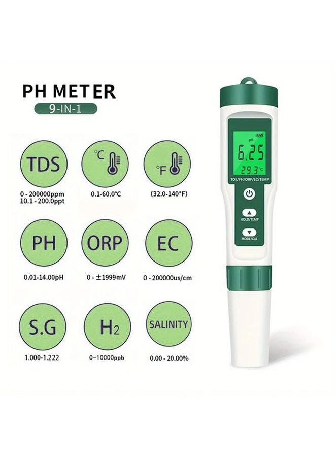 قلم اختبار جودة المياه الأخضر 9 في 1 بشاشة LCD مضاءة لقياس الأس الهيدروجيني وأكسدة الاختزال والموصلية الكهربائية والمواد الصلبة الذائبة ودرجة الحرارة - Image 1
