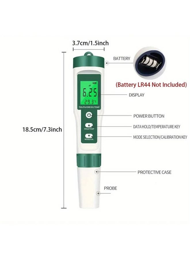 قلم اختبار جودة المياه الأخضر 9 في 1 بشاشة LCD مضاءة لقياس الأس الهيدروجيني وأكسدة الاختزال والموصلية الكهربائية والمواد الصلبة الذائبة ودرجة الحرارة - Image 3