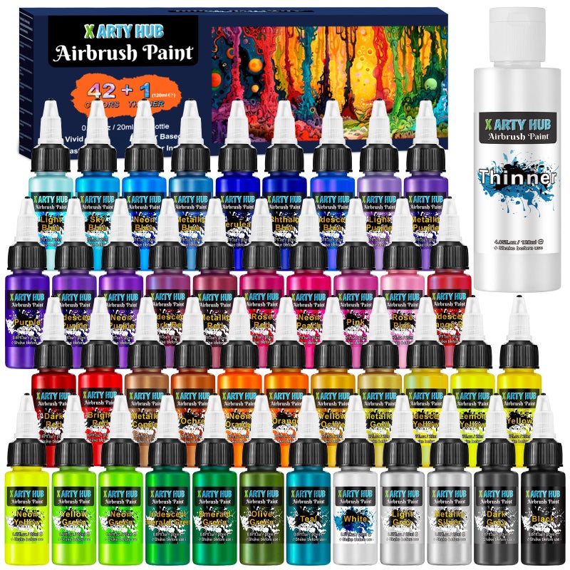 X ARTY HUB Airbrush Paint - 42 Colors with 4.05 Fl Oz Thinner, Iridescent, Neon and Metallic Air Brush Paints Acrylic Ready to Spray, Water-Based Painting Set for Artists Beginners - Image 1