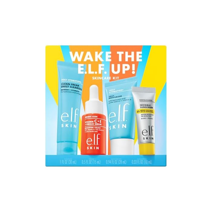 e.l.f. SKIN Wake the e.l.f. Up Skincare Kit, Travel-Size Hydrating Face Cleanser, Sunscreen, Moisturizer & Brightening Serum, Vegan & Cruelty-Free