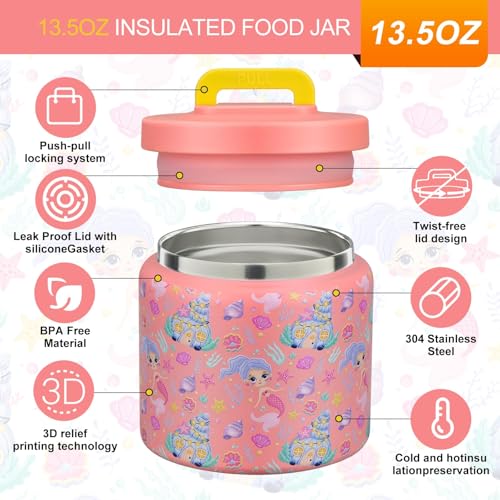 JXXM 13.5 Oz Thermo Food Jar for Hot & Cold Food for Kids, Insulated Lunch Containers Hot Food Jar,Leak-Proof Vacuum Stainless Steel Wide Mouth Lunch Soup Thermo for School (Mermaid) - Image 2