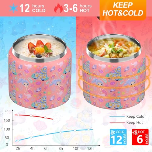 JXXM 13.5 Oz Thermo Food Jar for Hot & Cold Food for Kids, Insulated Lunch Containers Hot Food Jar,Leak-Proof Vacuum Stainless Steel Wide Mouth Lunch Soup Thermo for School (Mermaid) - Image 3