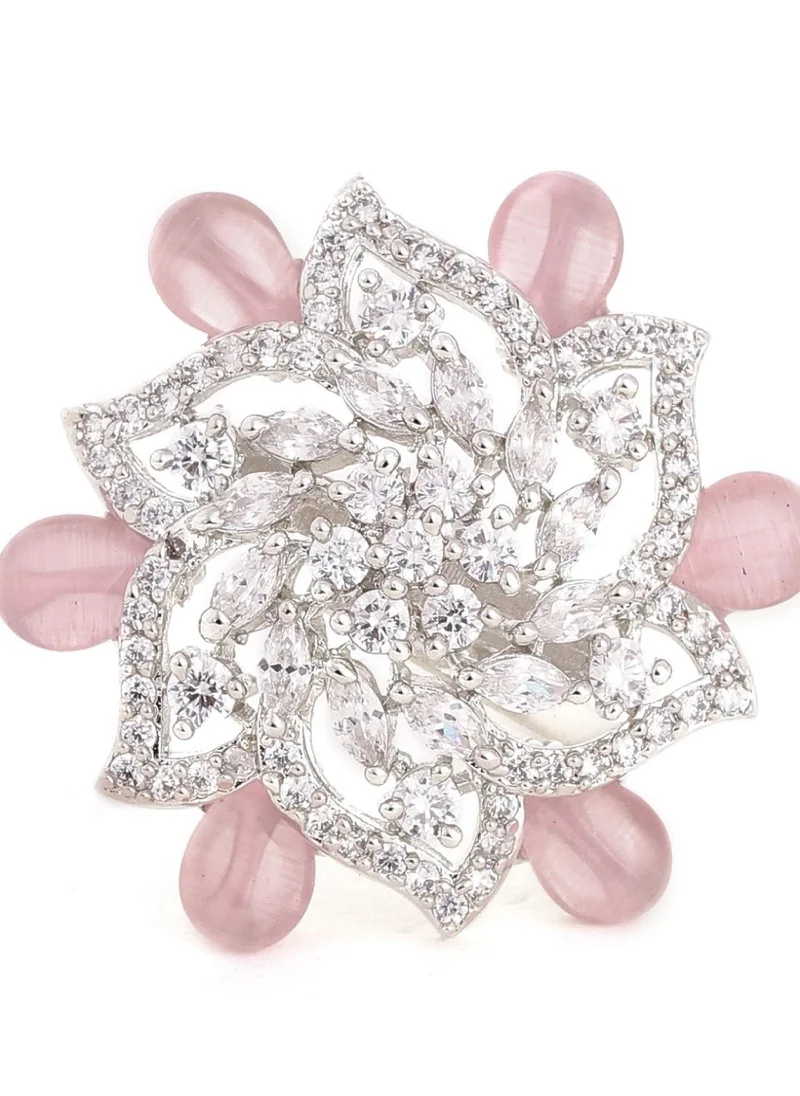 برياسي Sliver-Plated Floral Shaped American Diamond Stone Studded Finger Ring