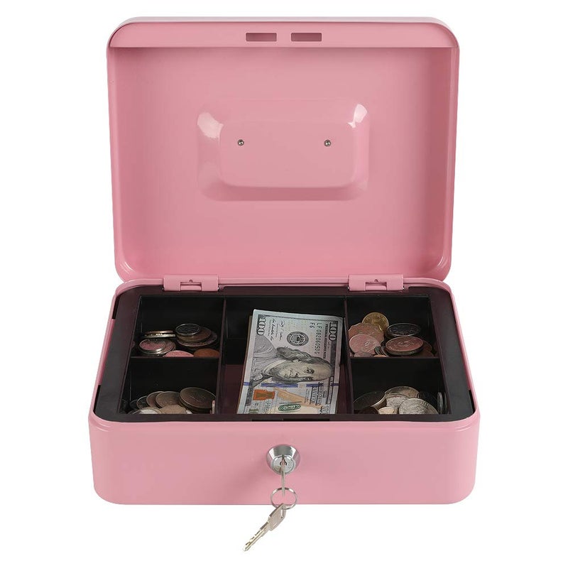 xydled Locking Steel Large Cash Box with Removable Coin Tray and Key Lock,9.84"x 7.87"x 3.54",Pink - Image 2