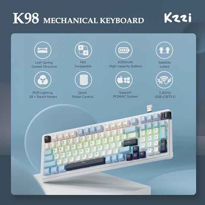 Kzzi K98 WIRELESS MECHANICAL KEYBOARD WITH NUMBER PAD & VOLUME KNOB, TRIPLE MODE BT/2.4G/USB-C GAMING KEYBOARD, GASKET MOUNT, PBT KEYCAPS, HOT SWAPPABLE, CREAMY SOUNDING - Image 2