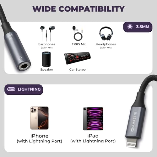 Amkette Adapt Lightning to 3.5mm Audio Jack Connector | DAC Chipset | PVC Fabric Braided Cable | Compatible with iPhones & iPad with Lightning Port | Premium Aluminum Build | Plug & Play - Image 4