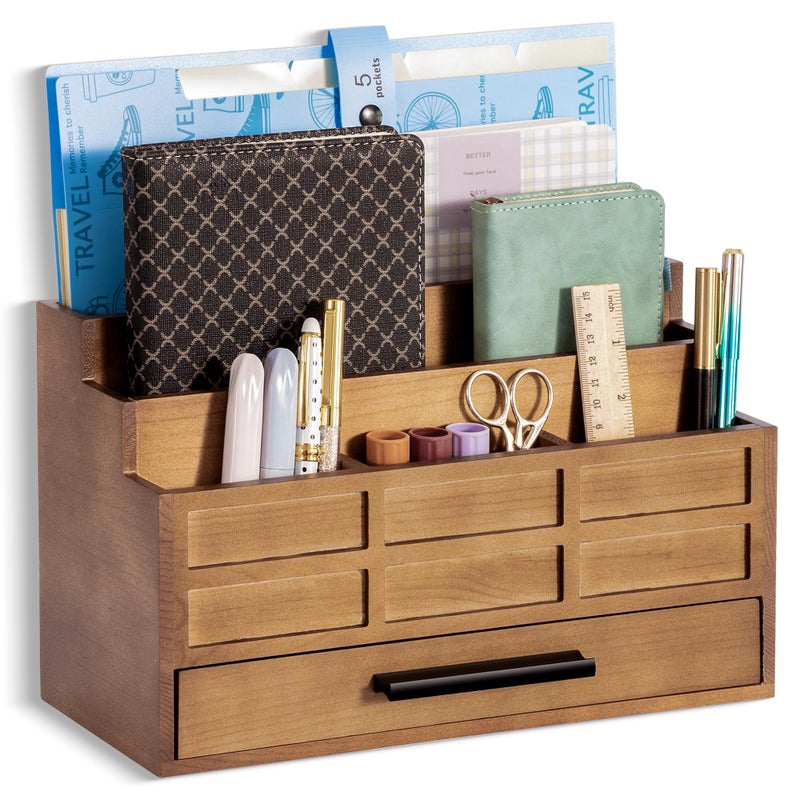dreampossible Brown Wood Desk Organizer and Accessories with Drawer Bill Mail Organizer and File Mail Holder for Office Supplies Rustic Desk Accessories Workspace Organizers - Image 2