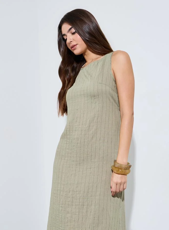 Styli Green Striped Sleeveless A-Line Midi Dress