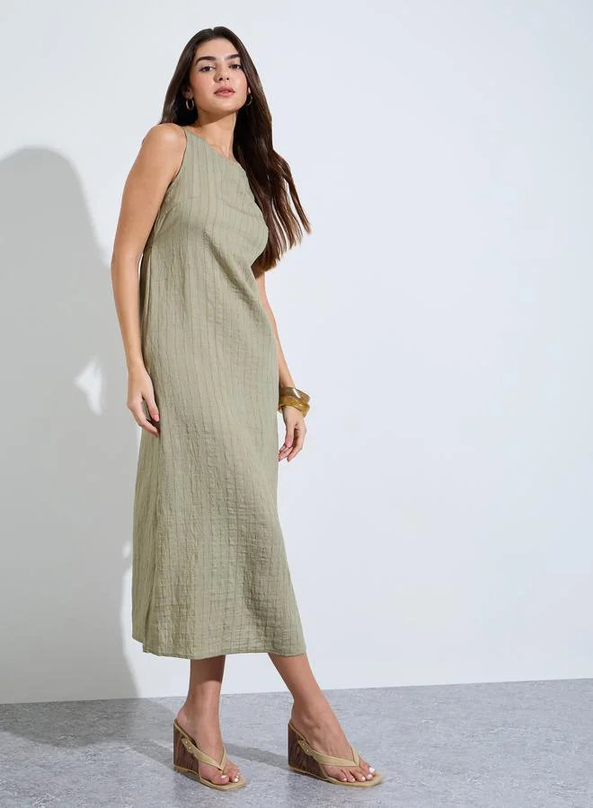 Styli Green Striped Sleeveless A-Line Midi Dress