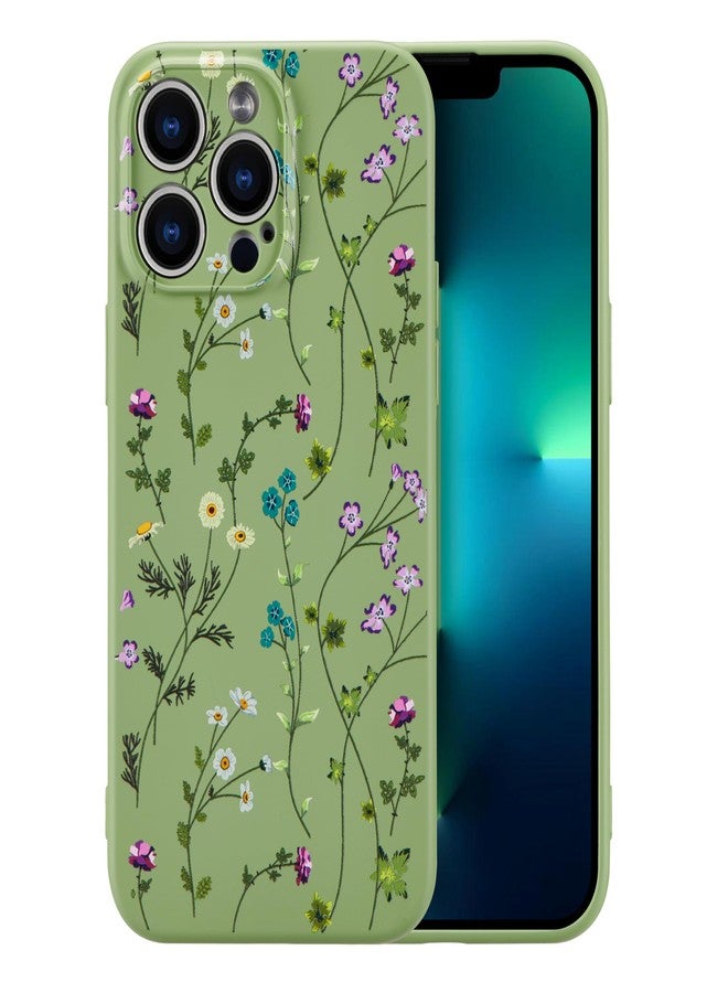 RALEAVO جراب RALEAVO الزهري لهاتف iPhone 13 Pro Max، غطاء من السيليكون السائل بنقشة أغصان زهور لطيفة للفتيات والسيدات، جراب حماية نحيف من المطاط الناعم لهاتف iPhone 13 Pro Max (6.7 بوصة)، أخضر - Image 1