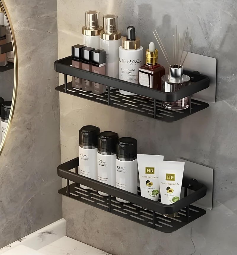 GOMNIK Self-Adhesive Wall Mounted Bathroom Shelf | Punch-Free Space-Saving Rack for Bathroom & Kitchen | Multipurpose Storage Organizer | Black Wall Stand (Pack of 2) - Image 1