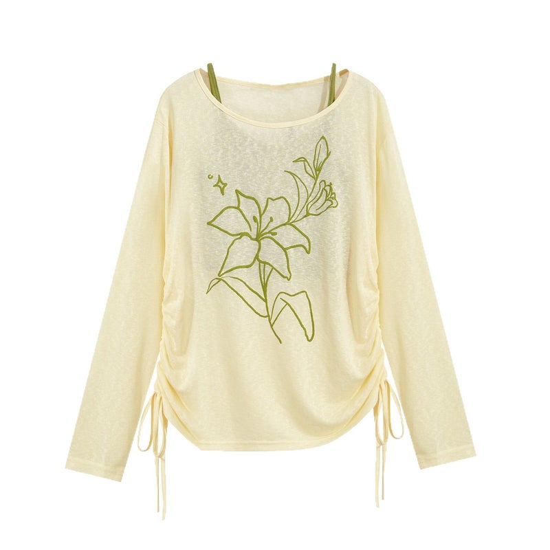 Women's Two-Piece Summer Set - Yellow Lyocell Long-Sleeve Off-Shoulder Blouse with Camisole - Image 5