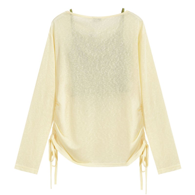 Women's Two-Piece Summer Set - Yellow Lyocell Long-Sleeve Off-Shoulder Blouse with Camisole - Image 2