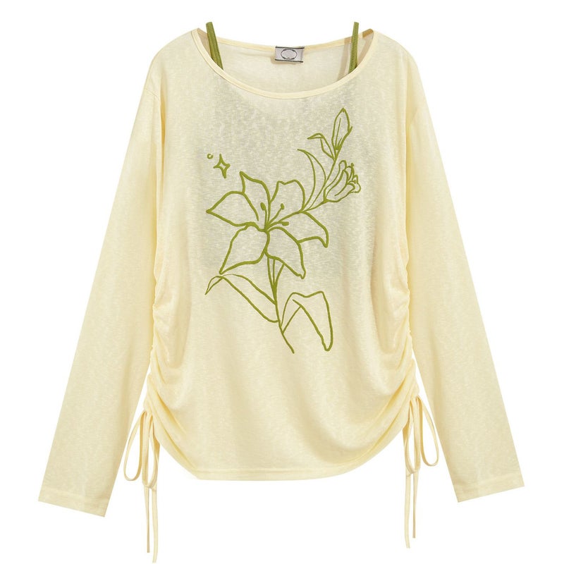Women's Two-Piece Summer Set - Yellow Lyocell Long-Sleeve Off-Shoulder Blouse with Camisole - Image 1