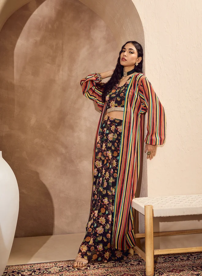 ساسافراس Sassafras Black Floral Crop Top with Anarkali Skirt and Shrug Co-Ords