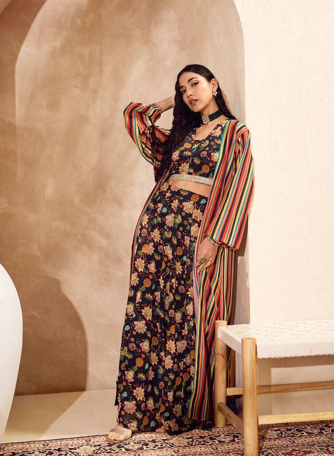 ساسافراس طقم كروب توب بنقشة زهور سوداء مع تنورة أناركالي وشال ساسافراس - Image 4