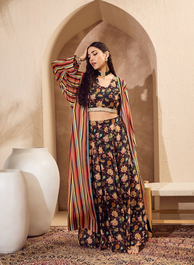 ساسافراس طقم كروب توب بنقشة زهور سوداء مع تنورة أناركالي وشال ساسافراس - Image 3