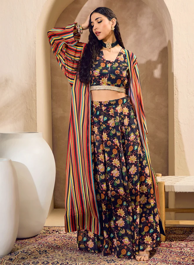 ساسافراس Sassafras Black Floral Crop Top with Anarkali Skirt and Shrug Co-Ords