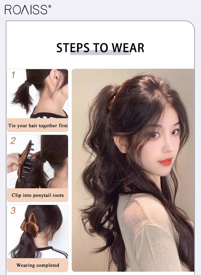 رويس وصلات شعر ذيل حصان مموج طبيعي بمشبك مثلث من الساتان، مناسبة لتسريحات الشعر في الحفلات، شعر مستعار صناعي، إكسسوارات أنيقة للاستخدام اليومي، 45 سم (17.72 بوصة) - بني أسود - Image 4