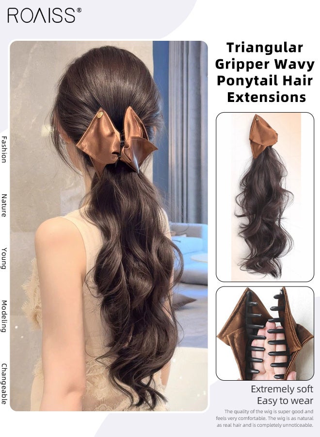 رويس وصلات شعر ذيل حصان مموج طبيعي بمشبك مثلث من الساتان، مناسبة لتسريحات الشعر في الحفلات، شعر مستعار صناعي، إكسسوارات أنيقة للاستخدام اليومي، 45 سم (17.72 بوصة) - بني أسود - Image 1