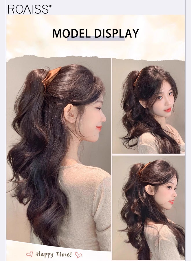 رويس وصلات شعر ذيل حصان مموج طبيعي بمشبك مثلث من الساتان، مناسبة لتسريحات الشعر في الحفلات، شعر مستعار صناعي، إكسسوارات أنيقة للاستخدام اليومي، 45 سم (17.72 بوصة) - بني أسود - Image 3