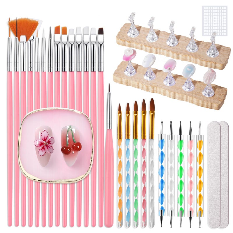 Rosiour 38Pcs Nail Art Brushes Set: Nail Art Tools with Nail Stand Holder, 15Pcs Nail Design Brushes, 5Pcs Dotting Tools, 5Pcs Sculpting Brushes, Resin Palette, Nail File for Painting Nails - Image 1