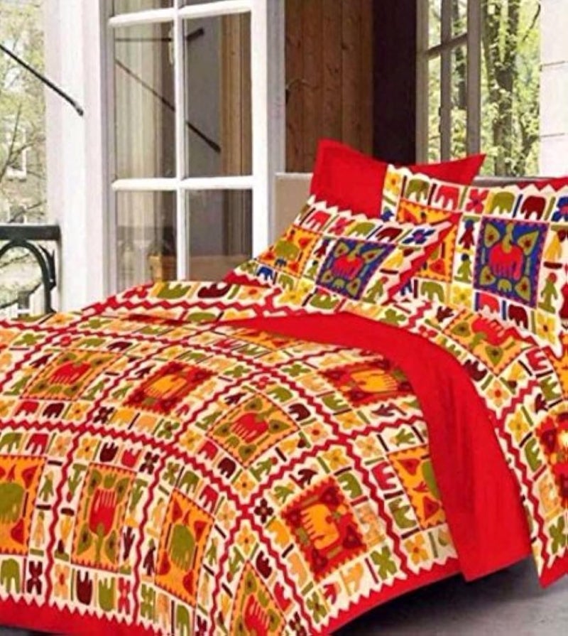 ART WORLD Queen Size Double Bed Sheet with Pillow Covers Pure Cotton Rajasthani Jaipuri Traditional Printed Bedcover (Red, Queen) - Image 1