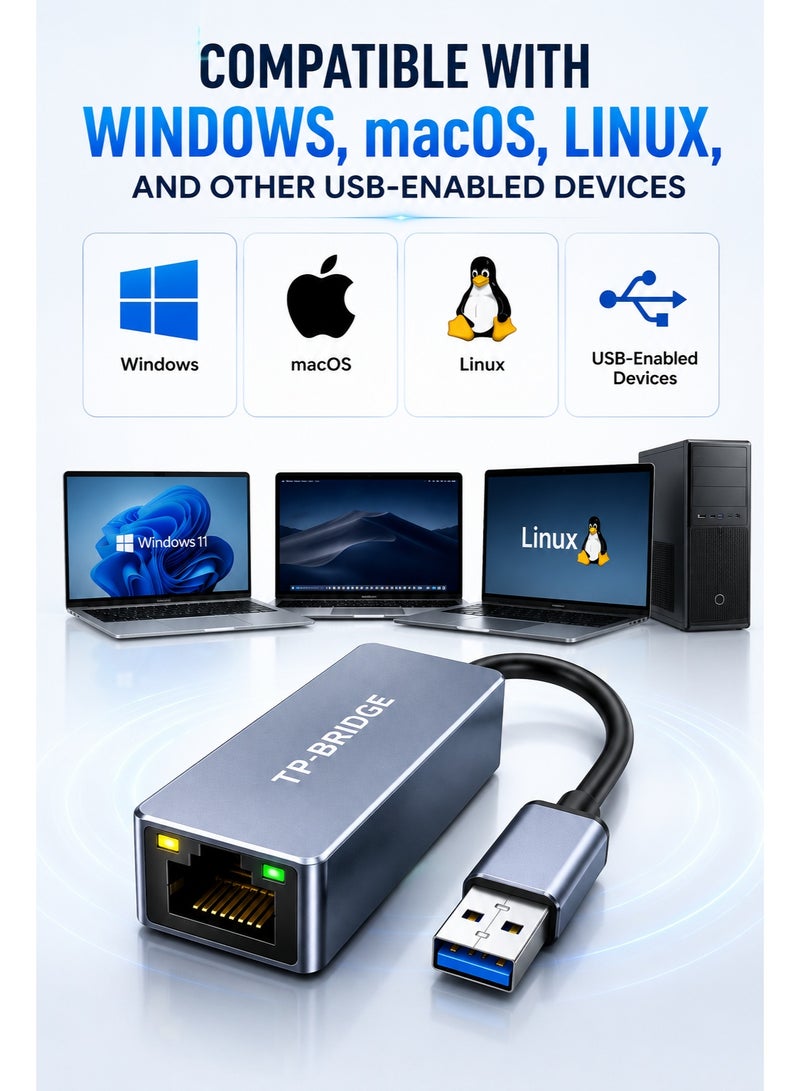 تي بي بردج محول TP-Bridge USB 3.0 إلى جيجابت إيثرنت RJ45، محول شبكة LAN لأجهزة ويندوز وماك أو إس ولينكس المزودة بمنفذ USB - Image 3