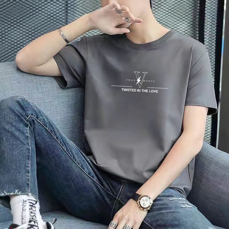Short-Sleeved Men'S Ice Silk Thin Trendy Fashion T-Shirt Versatile Round Neck Simple Half-Sleeved Printed T-Shirt - Image 5