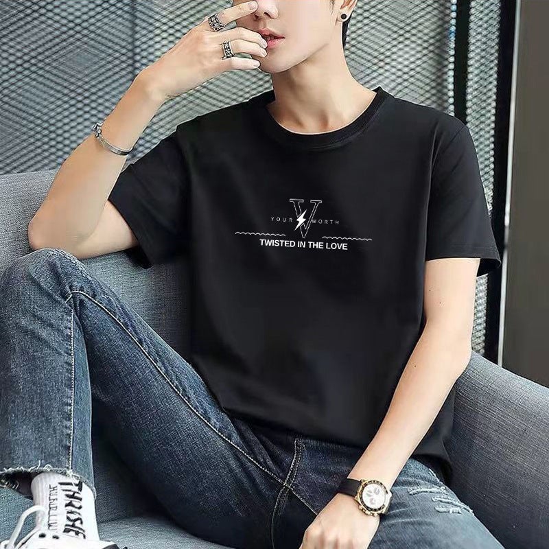 Short-Sleeved Men'S Ice Silk Thin Trendy Fashion T-Shirt Versatile Round Neck Simple Half-Sleeved Printed T-Shirt - Image 1