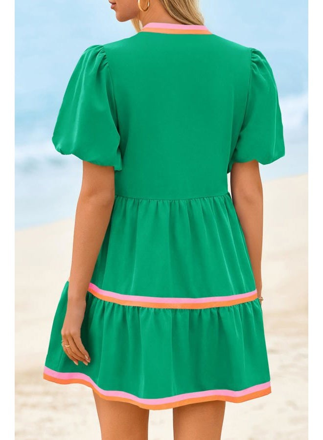Cicy Bell Womens V Neck Floral Mini Dress Short Puff Sleeve Patchwork Summer Casual Boho Dresses, Cute Green, S - Image 2