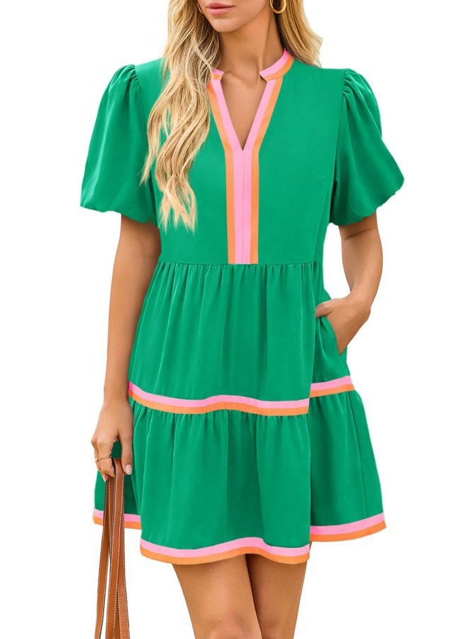 Cicy Bell Womens V Neck Floral Mini Dress Short Puff Sleeve Patchwork Summer Casual Boho Dresses, Cute Green, S - Image 1
