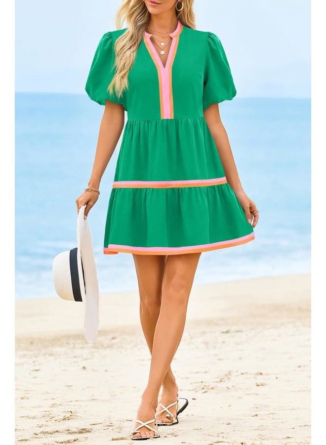 Cicy Bell Womens V Neck Floral Mini Dress Short Puff Sleeve Patchwork Summer Casual Boho Dresses, Cute Green, S - Image 4