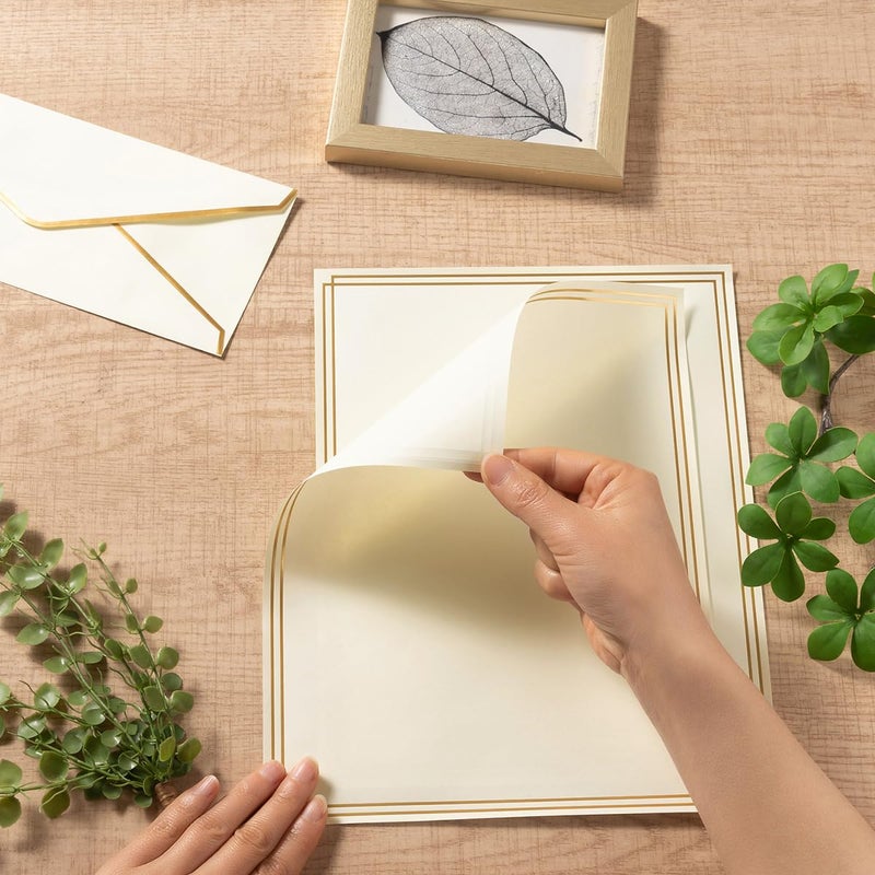 Topeen 50 Pack Stationery Set with Gold Border, #10 Business Envelopes and 8.5x11 Paper Sheets and Stickers for Writing Letters (Cream Color, 8.5x11 Inches) - Image 3