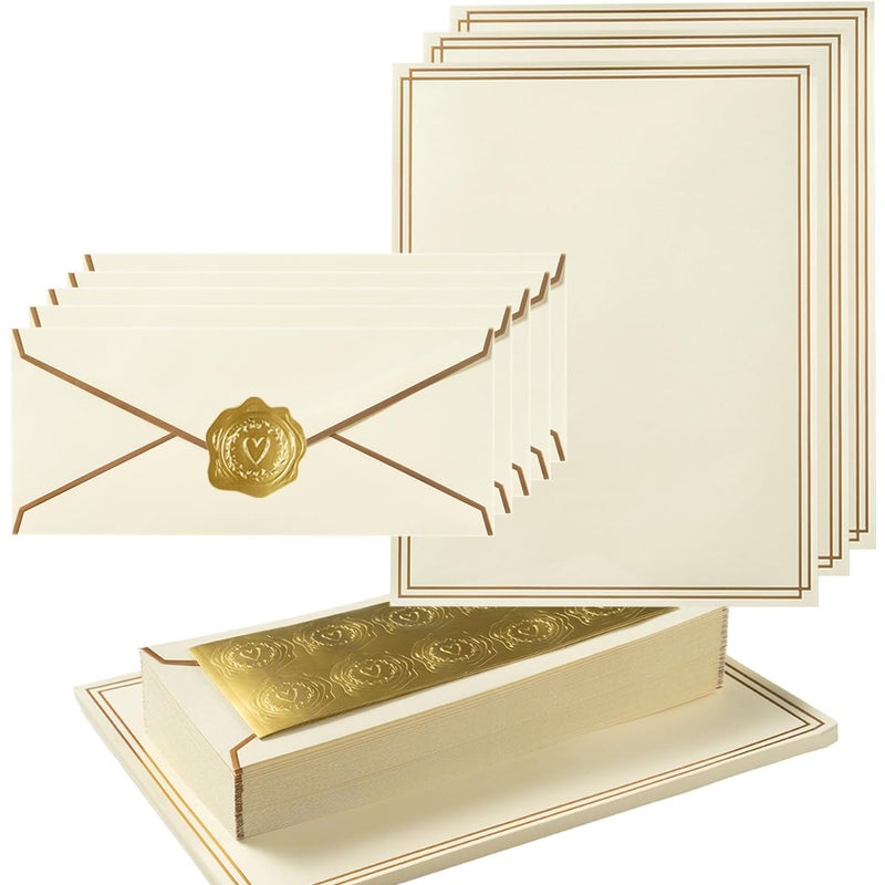 Topeen 50 Pack Stationery Set with Gold Border, #10 Business Envelopes and 8.5x11 Paper Sheets and Stickers for Writing Letters (Cream Color, 8.5x11 Inches) - Image 1